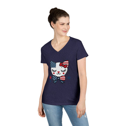 Patriotic Cat Ladies' V-Neck T-Shirt, Cute Tee, July 4th Top, Independence Day Shirt, Gift for Cat Lovers, Casual Summer Wear