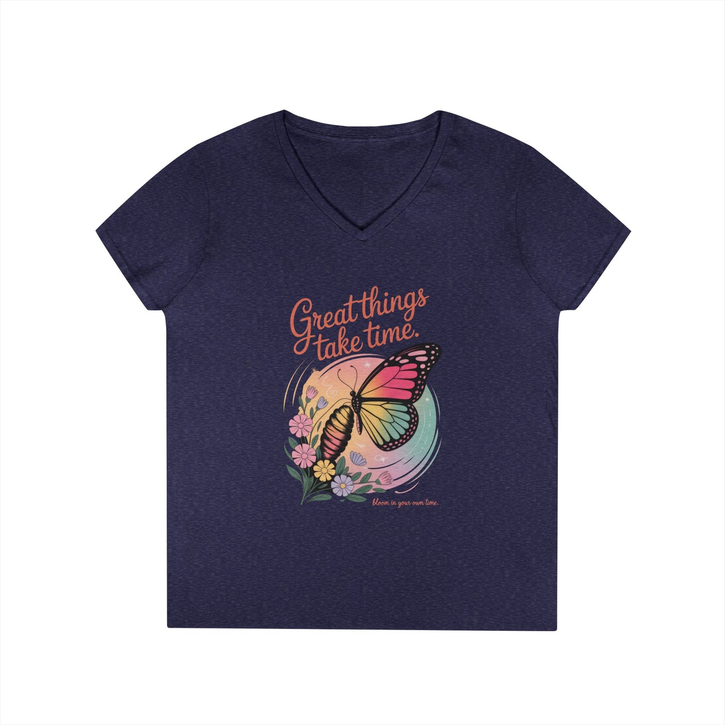 Inspiring Ladies' V-Neck T-Shirt, Great Things Take Time Butterfly Design, Relaxation, Motivation, Nature, Motivational Women's Tee