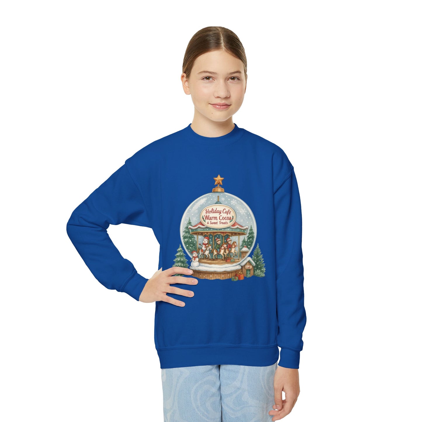 Youth Holiday Café Christmas Sweatshirt, Warm Cocoa Snow Globe Jumper