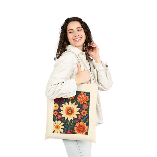 Floral Cotton Canvas Tote Bag, Eco-Friendly Shopping Bag, Reusable Grocery Tote, Boho Chic Gift, Market Bag with Flower Design