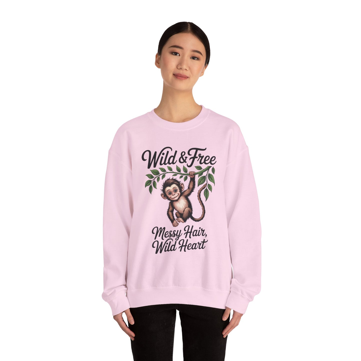 Wild & Free Monkey Sweatshirt, Messy Hair Wild Heart Womens Pullover, Cute Jungle Animal Sweater, Boho Adventure Graphic, Nature Lover Gift