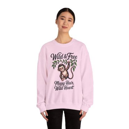 Wild & Free Monkey Sweatshirt, Messy Hair Wild Heart Womens Pullover, Cute Jungle Animal Sweater, Boho Adventure Graphic, Nature Lover Gift