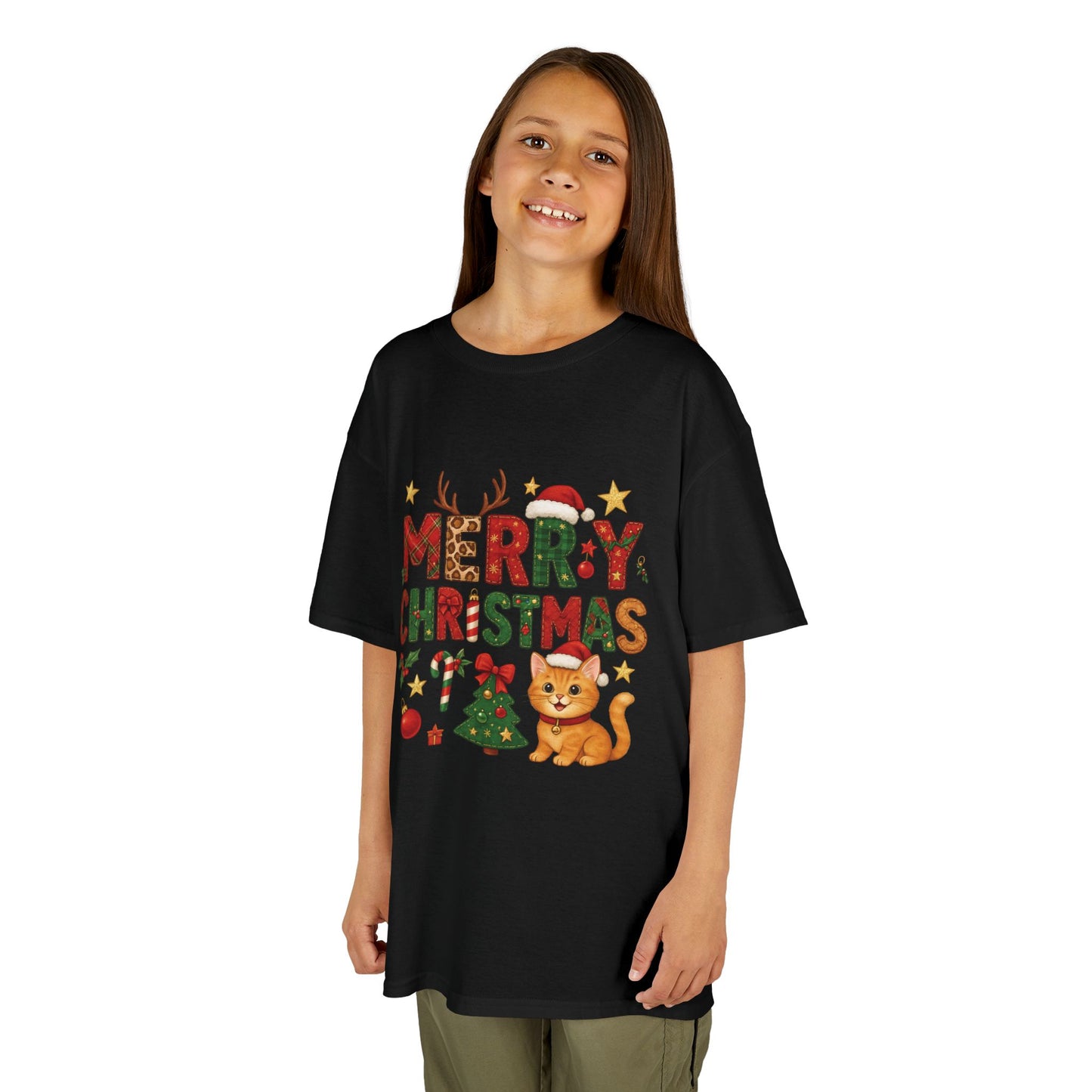 Merry Christmas Cat Shirt for Girls, Cute Holiday Kitten Tee