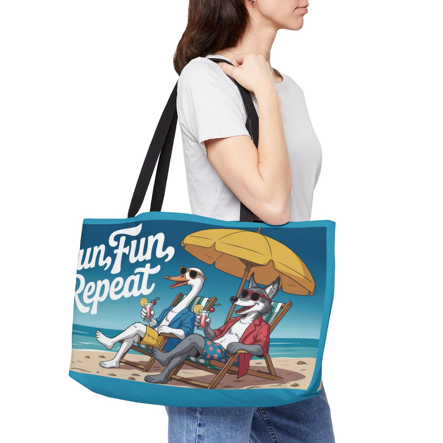 Funny Animal Beach Weekender Tote Bag, Weekender Bag with Cool Cartoon Duck and Wolf, Oversized Travel Beach Bag, Summer Essentials