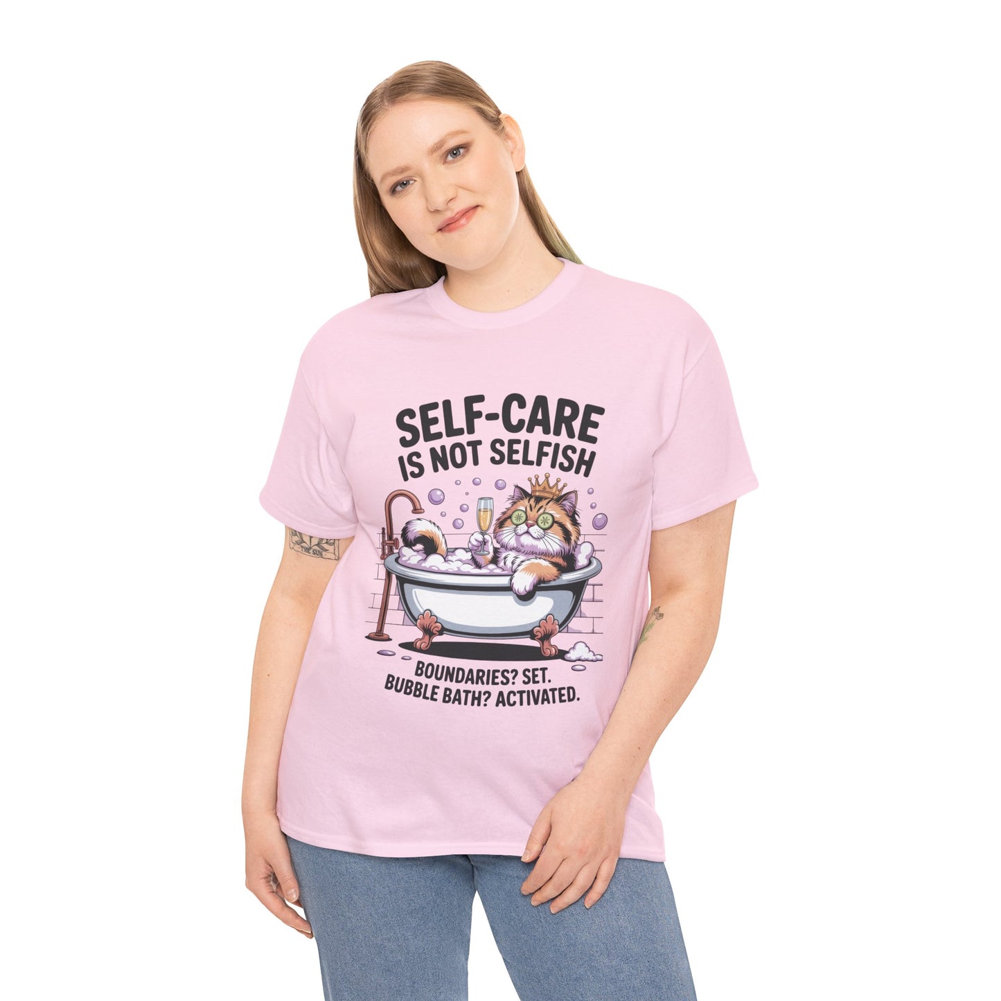 Womens Heavy Cotton Tee, Self-Care Cat Shirt, Funny Cat Bubble Bath Tee, Relaxing Kitty Graphic, Self Care Is Not Selfish Womens T-Shirt