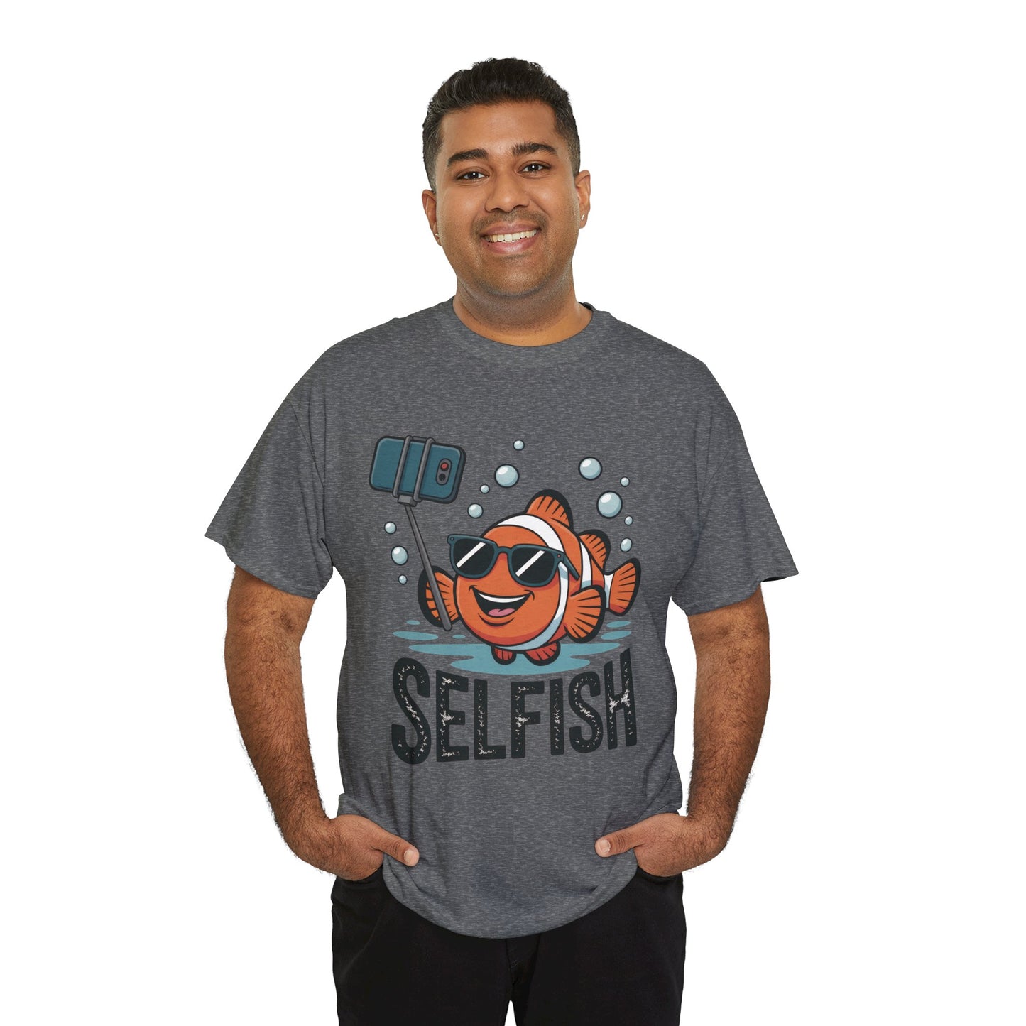 Unisex Heavy Cotton Tee, Mens Selfish Funny Fish T-Shirt, Cute Selfie Graphic Tee, Ocean Humor Shirt