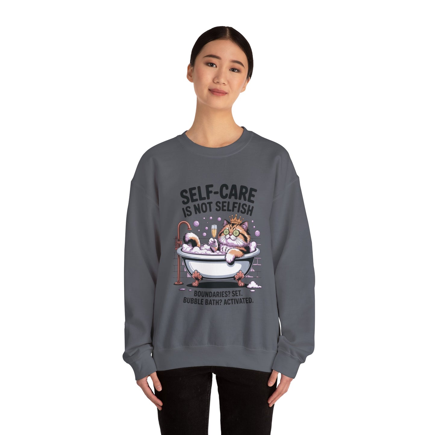 Womens Crewneck Sweatshirt, Self-Care Cat Shirt, Funny Cat Tee, Relaxing Kitty Graphic, Self Care Is Not Selfish Womens Sweatshirt
