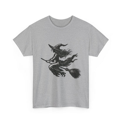Flying Witch Silhouette Halloween T-Shirt for Women, Vintage Witch on Broom Tee, Spooky Gothic Fall Shirt, Minimal Black Witch Top
