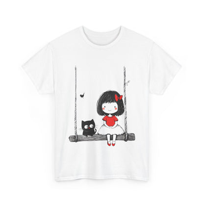 Cute Cat & Girl Graphic Tee, Playful Gift for Cat Lovers, Cat and Girl Design, Gift for Cat Owners, Women's Cotton T-Shirt