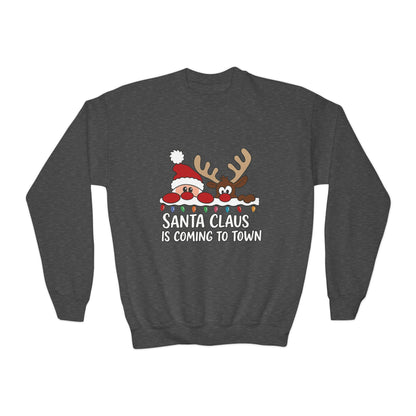 Santa Claus Is Coming to Town Kids Christmas Sweatshirt, Cute Santa - Reindeer Holiday Jumper