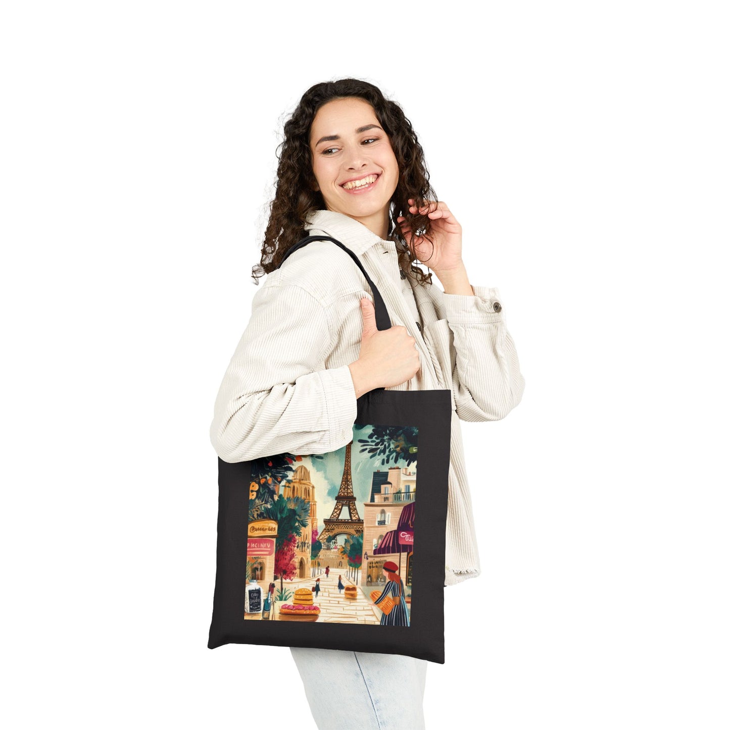 Parisian Scene Cotton Canvas Tote Bag, Eco-Friendly Shopping Tote, Travel Bag, Gift for Her, Fashionable Carryall