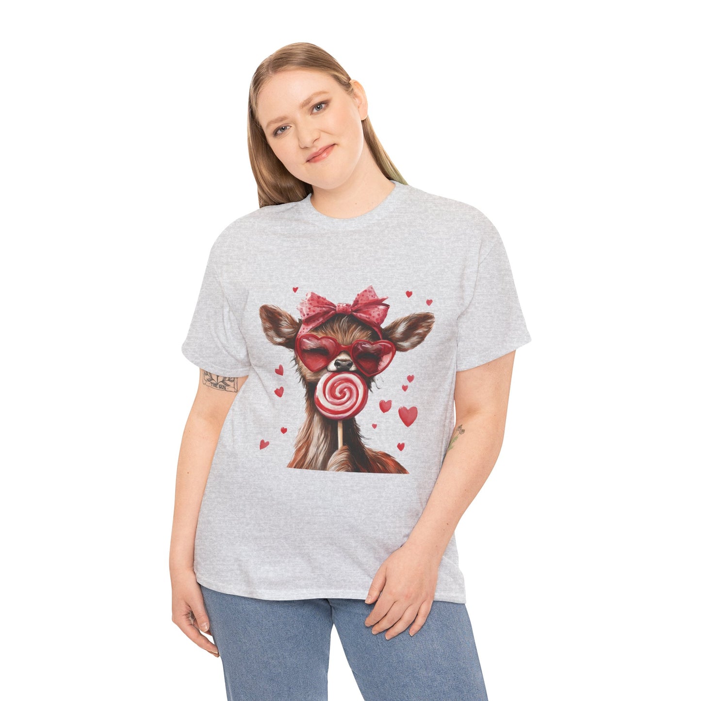 Cute Deer with Heart Glasses and Lollipop, Valentine's Day Heavy Cotton Tee, Fun Animal Love Shirt Gift for Her, Animal Lovers Shirt