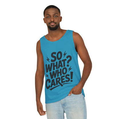 Mens Tank Top, "So What? Who Cares!", Casual Summer Wear, Beach Trip, Festival Outfit, Lightning Print, Sarcastic Summer Tee, Gym Tank