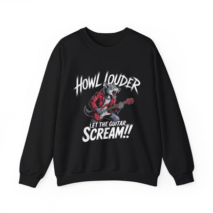 Howl Louder Wolf Sweatshirt, Let The Guitar Scream Pullover, Rock Guitar Animal Hoodie, Rocking Wolf Crewneck Sweatshirt, Music Lover Gift