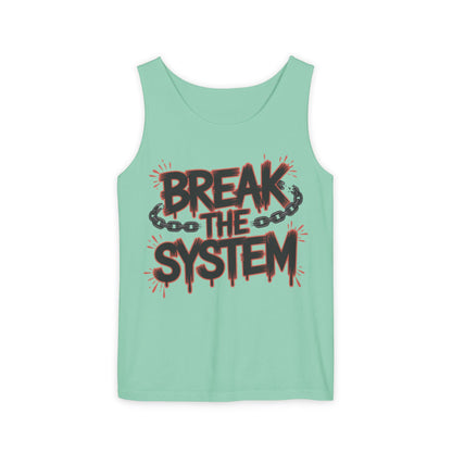 Men's Garment-Dyed Tank Top, Break the System Tank Top, Graphic Protest Muscle Tee, Streetwear Activist Summer Top
