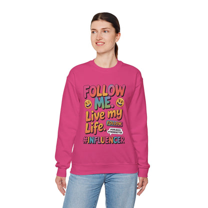 Womens Heavy Blend™ Crewneck Sweatshirt, Influencer Sweatshirt, Colorful Follow Me Live My Life Graphic Sweatshirt, Trendy GirlBoss Outfit