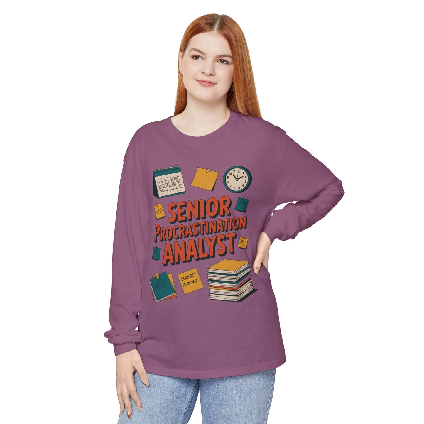 Senior Procrastination Analyst Long Sleeve Tee, Funny Work Shirt,Gift for Analysts, Office Humor, Meme Long Sleeve, Motivation Humor Apparel