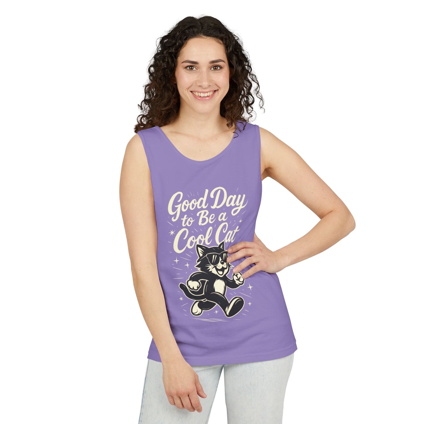 Cool Cat Womens Tank Top - Good Day to Be a Cool Cat Retro Kitty Sleeveless Shirt - Funny Summer Top, Gift for Cat Lovers