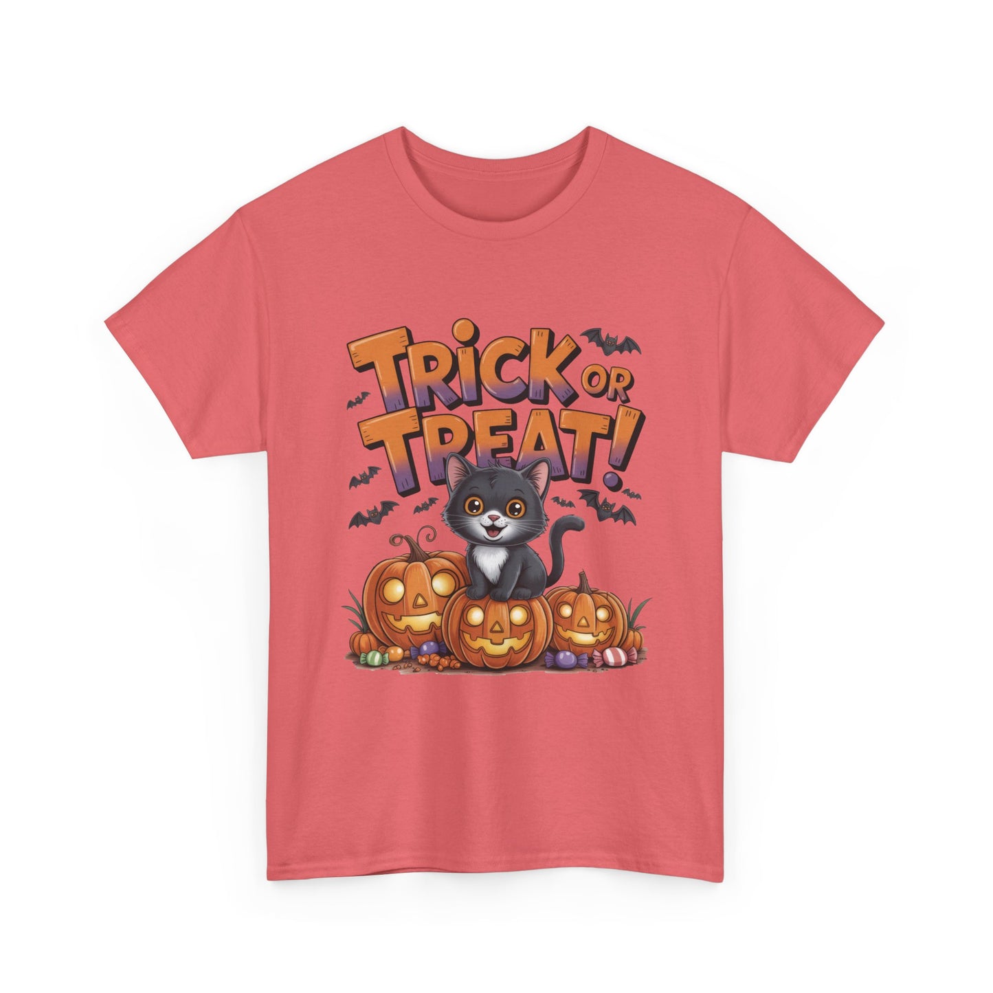 Cute Black Cat Trick or Treat Halloween T-Shirt for Women, Funny Pumpkin Cat Tee, Spooky Fall Shirt, Matching Family Halloween Shirts