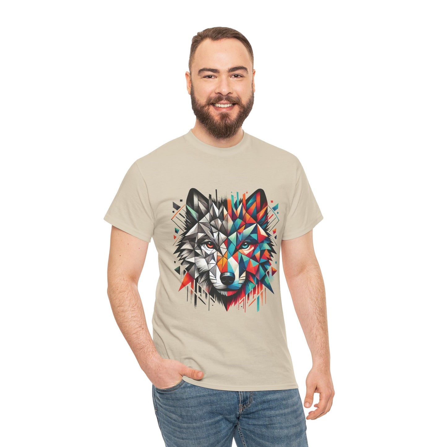 Geometric Wolf Tee, Heavy Cotton T-Shirt, Wildlife Lover Apparel, Unique Nature Wear, Artistic Wolf Design Tee