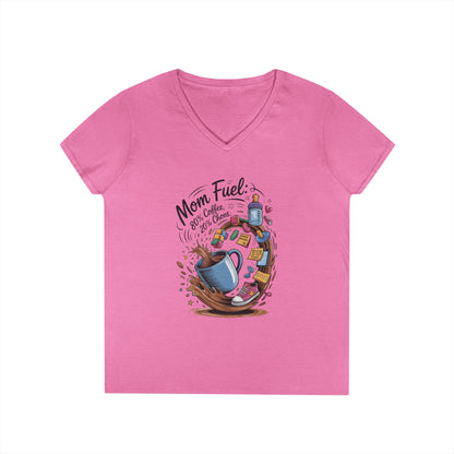 Mom Fuel V-Neck T-Shirt, Funny Coffee Lover V-Neck T-Shirt, Gift for Moms, Mother's Day, Casual Wear, Pajama Top