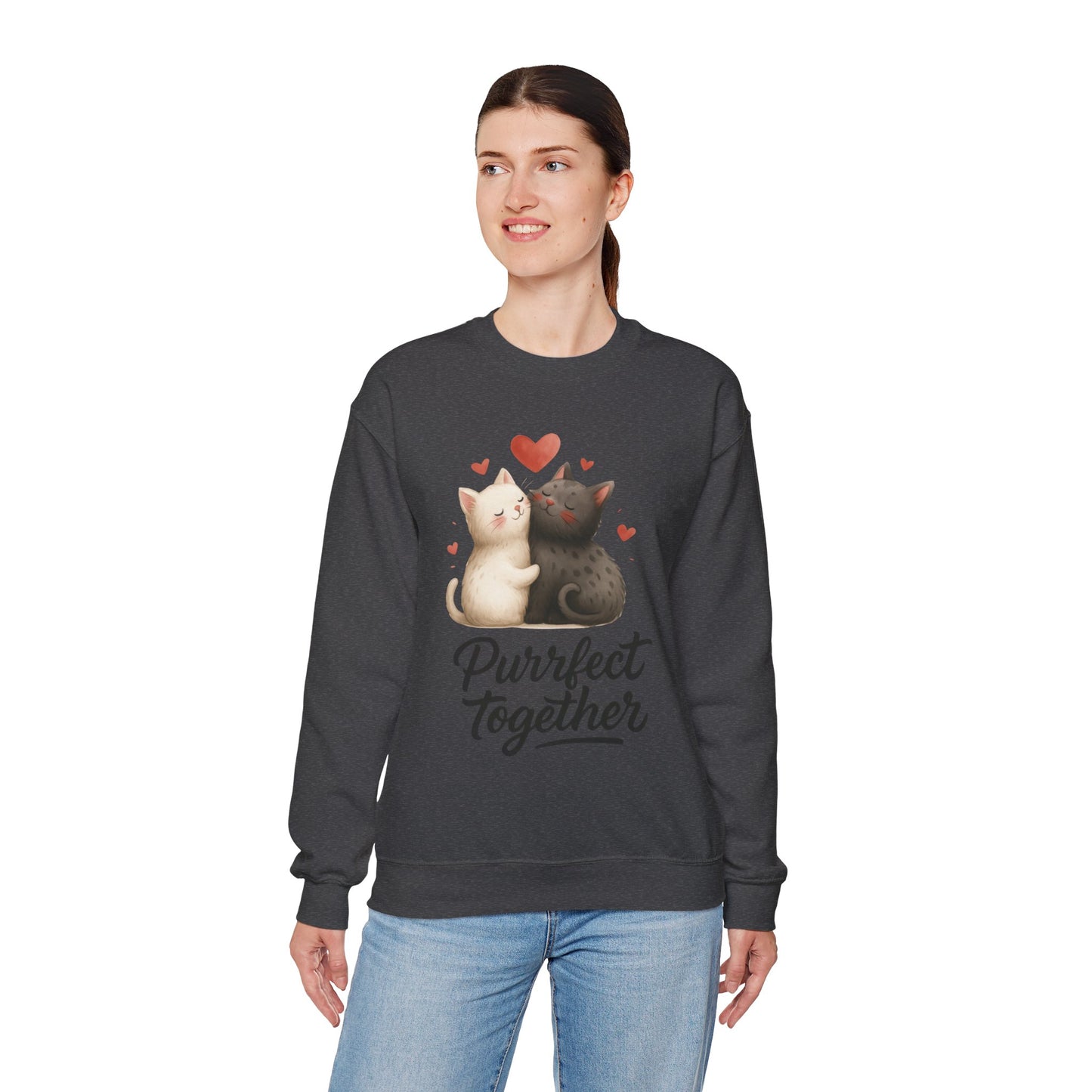 Cute Cat Couple Womens Sweatshirt, Purrfect Together Sweater, Gift for Cat Lovers, Cozy Crewneck for Valentine's Day, Animal Lover Apparel