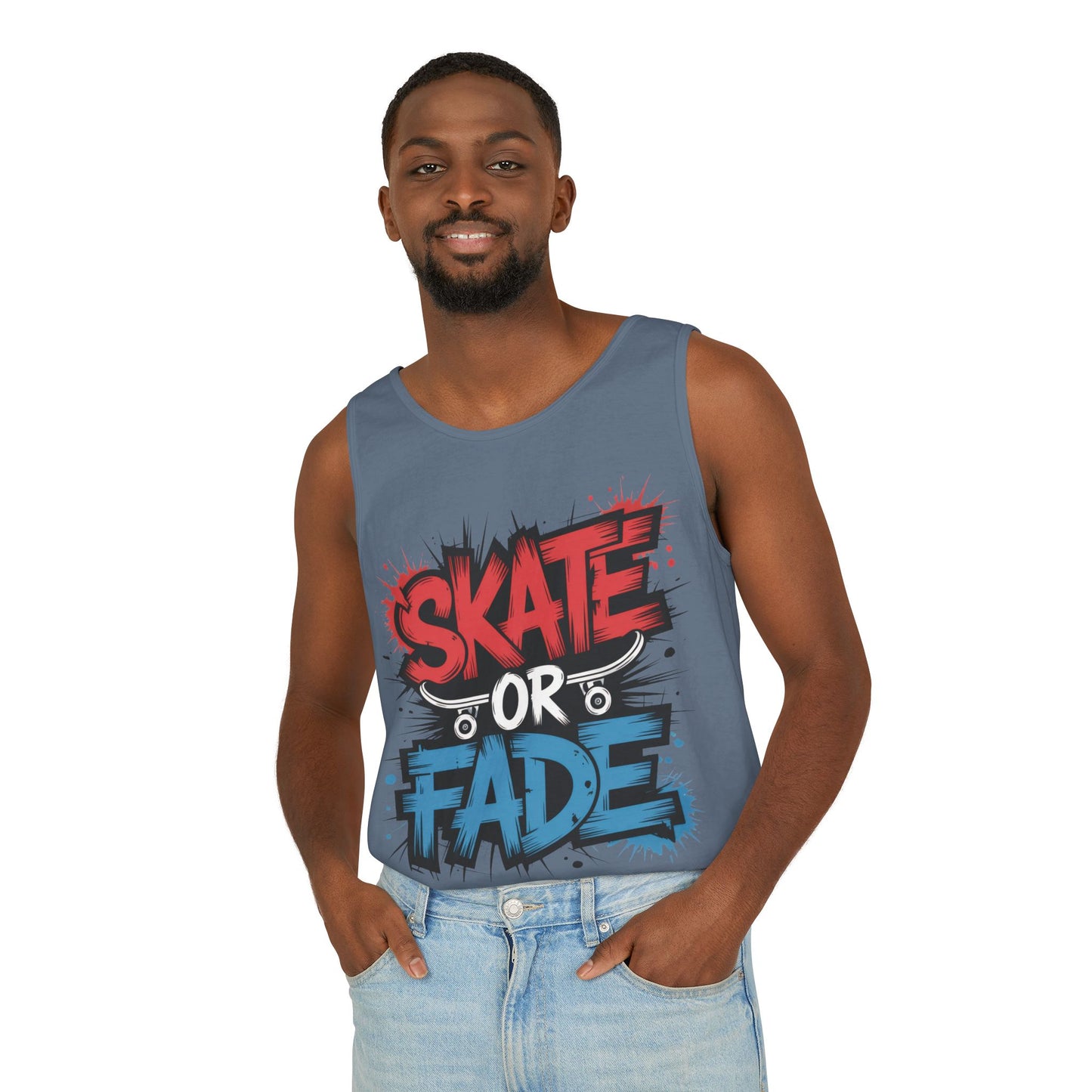 Skate Or Fade Men's Tank Top, Graffiti Skateboard Graphic Muscle Shirt, Urban Streetwear Sleeveless Top, Men's Garment-Dyed Tank Top