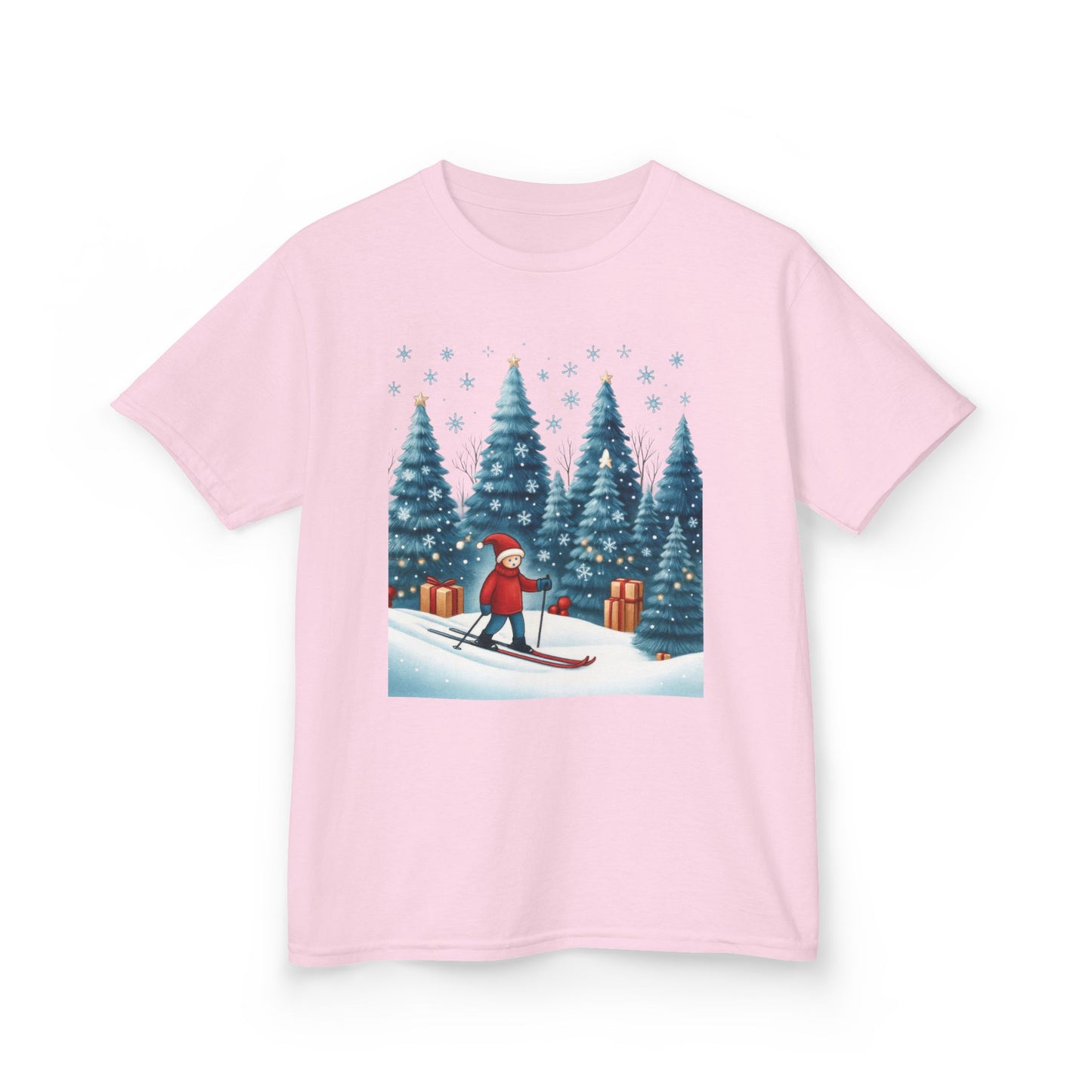 Kids Christmas Skiing T-Shirt, Cute Winter Holiday Graphic Tee, Kids Heavy Cotton™ Tee