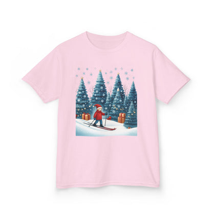 Kids Christmas Skiing T-Shirt, Cute Winter Holiday Graphic Tee, Kids Heavy Cotton™ Tee