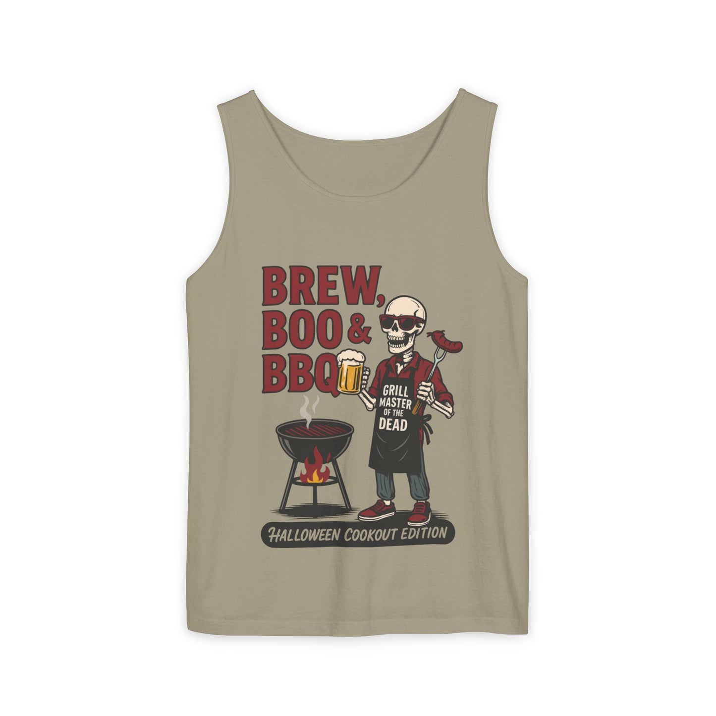 Halloween BBQ Men's Tank Top, Brew Boo & BBQ Skeleton Grill Master, Funny Dad Gift, Grill Master Top, Funny Skeleton Top