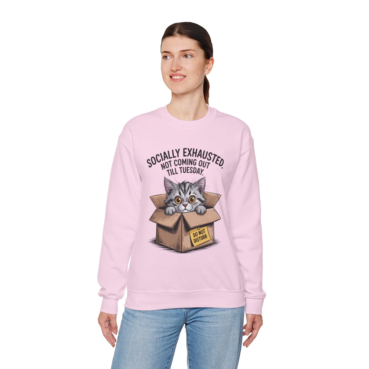Socially Exhausted Cat Sweatshirt, Funny Cat Crewneck, Gift for Cat Lovers, Cozy Unisex Pullover, Weekend Comfort Apparel