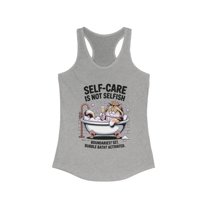 Womens Ideal Racerback Tank, Self-Care Cat Shirt, Funny Cat Bubble Bath Tee, Relaxing Kitty Graphic, Self Care Is Not Selfish Womens Tank