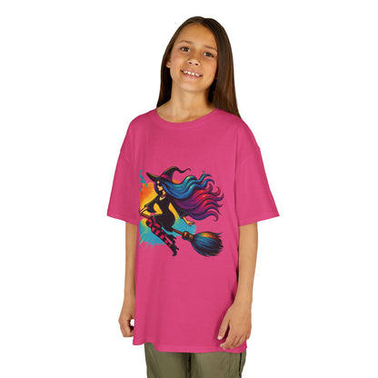 Girls Witch T-Shirt, Colorful Halloween Witch Graphic Tee for Kids, Fun Spooky Broomstick Shirt, Gift for Girls