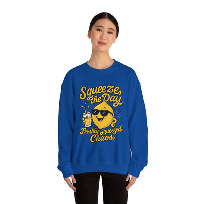 Funny Lemon Womens Sweatshirt - Squeeze The Day Freshly Squeezed Chaos Cozy Pullover - Citrus Positive Crewneck Sweatshirt, Cheerful Fashion