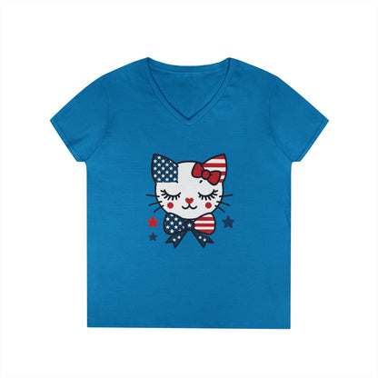 Patriotic Cat Ladies' V-Neck T-Shirt, Cute Tee, July 4th Top, Independence Day Shirt, Gift for Cat Lovers, Casual Summer Wear