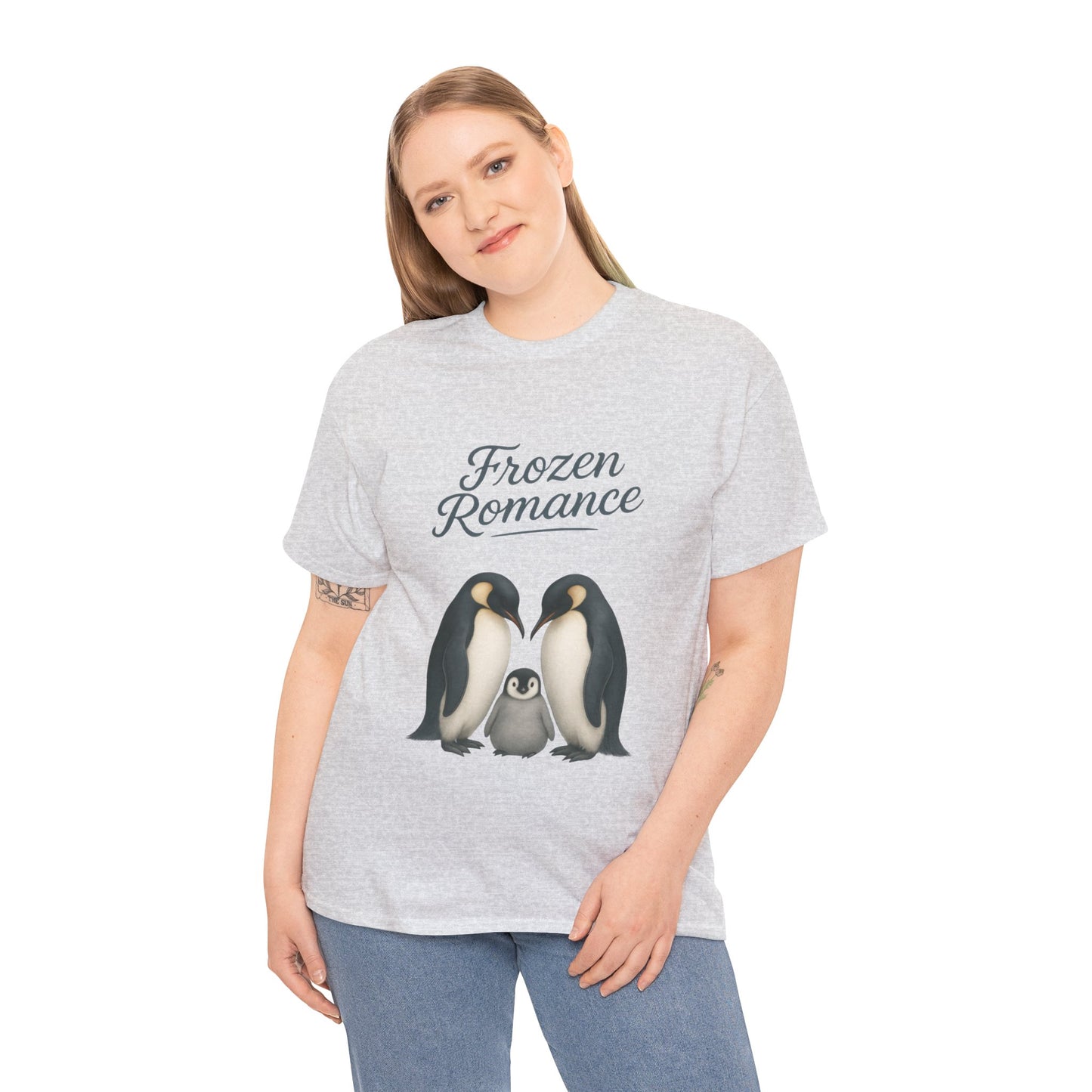 Womens Heavy Cotton Tee, Womens Frozen Romance Penguin T-Shirt, Cute Animal Graphic Tee, Love Birds Shirt Gift