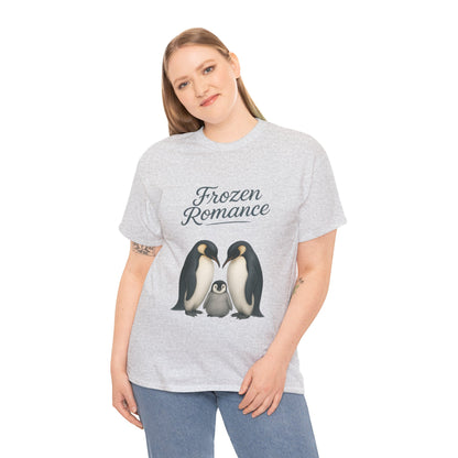 Womens Heavy Cotton Tee, Womens Frozen Romance Penguin T-Shirt, Cute Animal Graphic Tee, Love Birds Shirt Gift