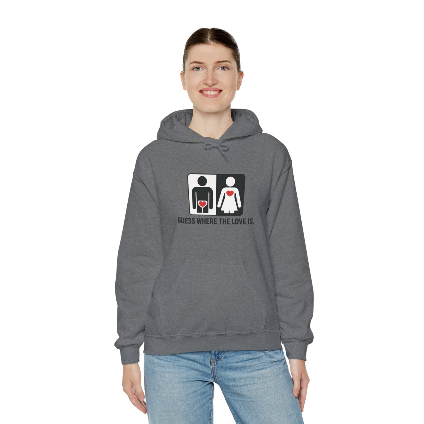 Cute Guess Where The Love Is Mens Hoodie, Sweatshirt for Couples, Valentines Day Gift, Relationship Humor Hoodie, Bold Love Joke Hoodie