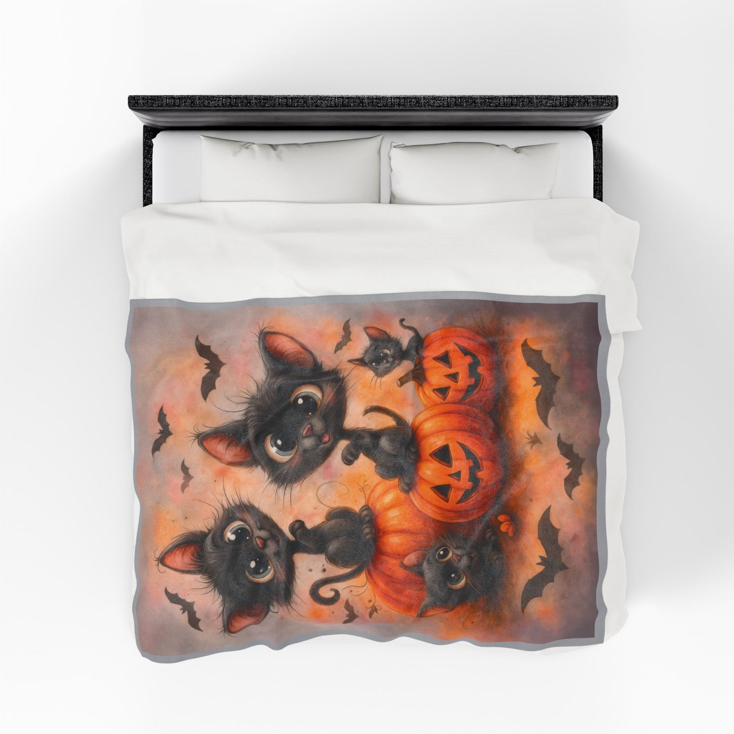 Cute Black Cats and Pumpkins Halloween Velveteen Plush Blanket, Cozy Fall Throw, Soft Cat Lover Gift, Kawaii Halloween Decor