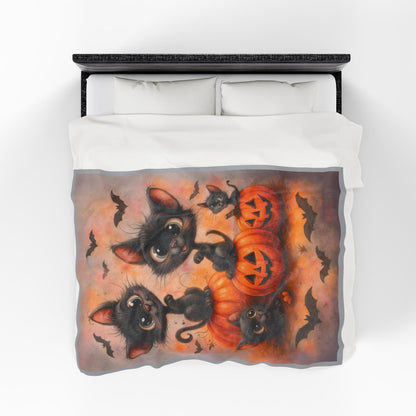 Cute Black Cats and Pumpkins Halloween Velveteen Plush Blanket, Cozy Fall Throw, Soft Cat Lover Gift, Kawaii Halloween Decor