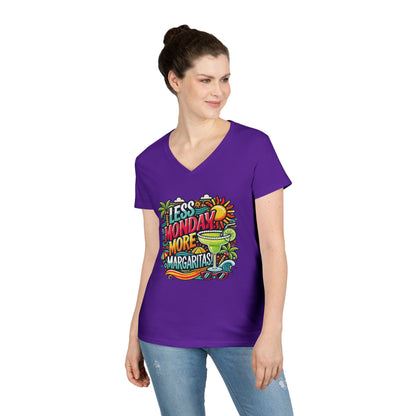 Less Monday More Margaritas Ladies' V-Neck T-Shirt, Funny Summer Cocktail Shirt, Tropical Vacation Tee for Women, Party Tee, Weekend Vibes