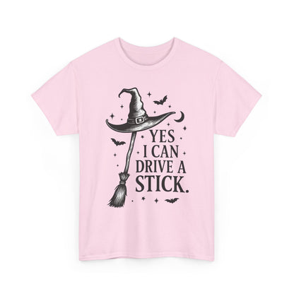 Yes I Can Drive a Stick Witch Hat Broom Halloween Women's T-Shirt, Funny Spooky Graphic Tee, Witch Shirt,