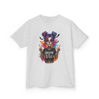 Creepin' in Style Kids Halloween T-Shirt, Colorful Skeleton Girl Design, Cute Spooky Shirt for Trendy Girls