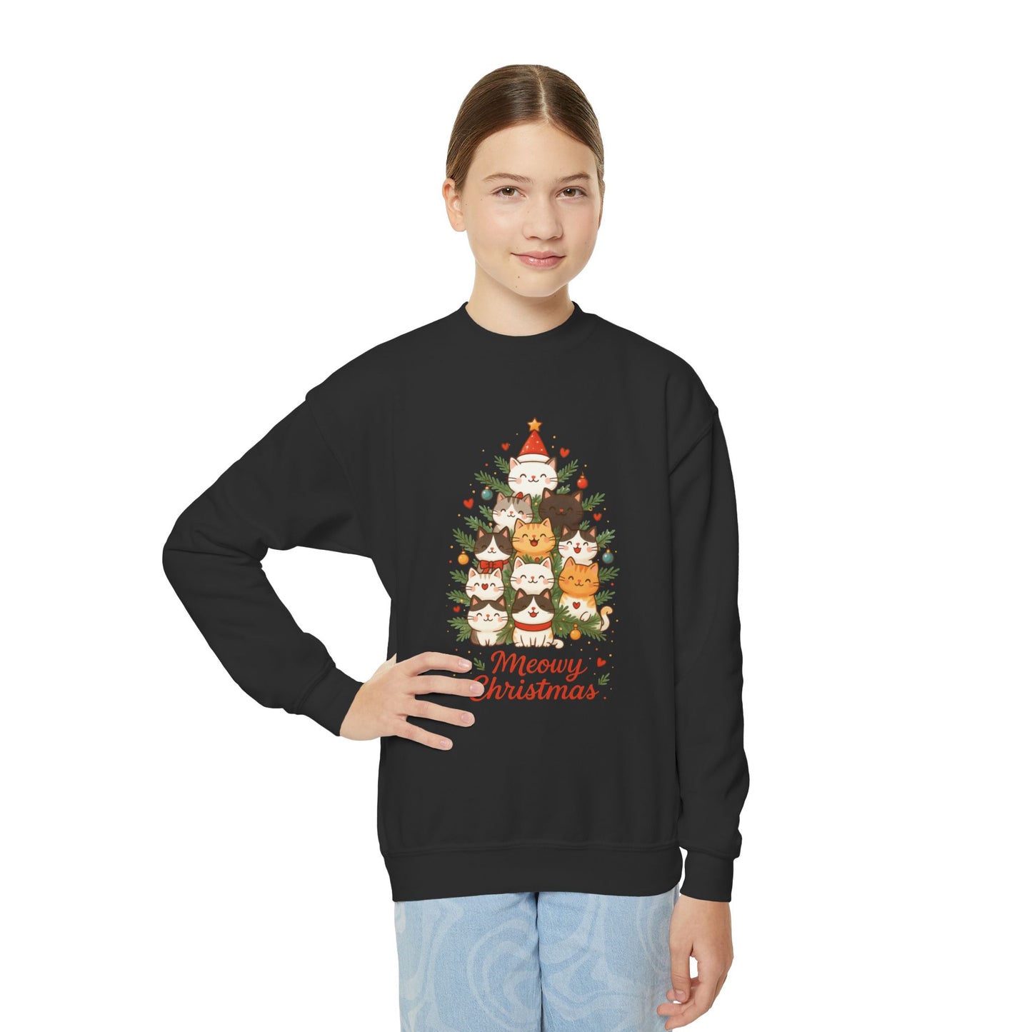 Youth Meowy Christmas Cat Sweatshirt, Cute Holiday Kitty Jumper