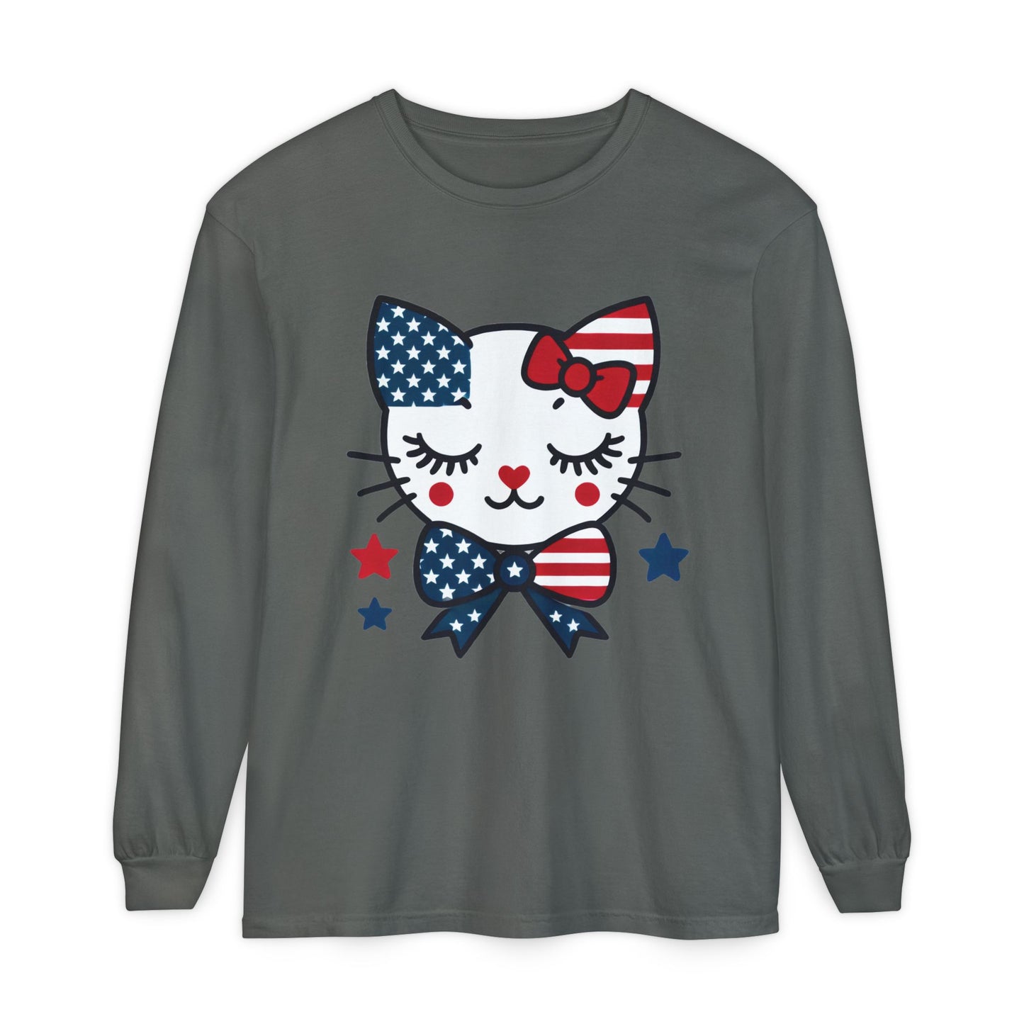 Patriotic Cat Long Sleeve T-Shirt, Women's Tee, Perfect for Fourth of July, Animal Lover Gift, Cozy Casual Wear, Holiday Apparel