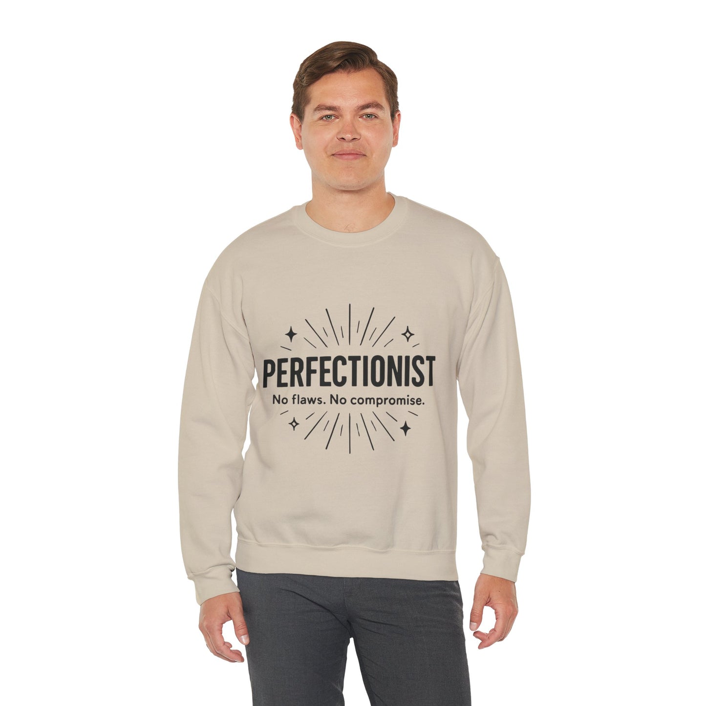 Men's Perfectionist Sweatshirt, Bold No Flaws No Compromise Design, Clean Look Funny Gift for Him, Minimal Black Graphic Pullover