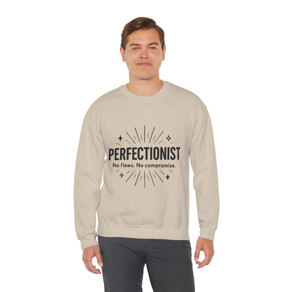 Men's Perfectionist Sweatshirt, Bold No Flaws No Compromise Design, Clean Look Funny Gift for Him, Minimal Black Graphic Pullover