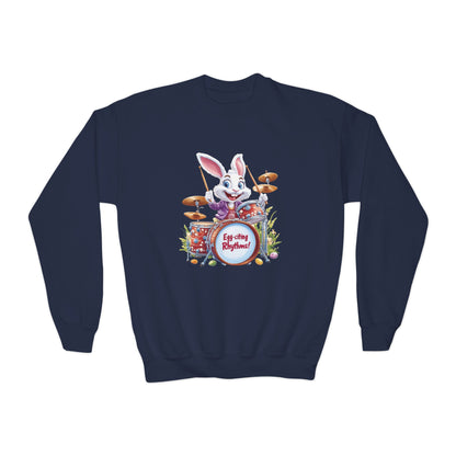 Easter Bunny Drummer Kids Sweatshirt - Cute Spring Crewneck for Children, Fun Easter Gift Colorful Bunny Playing Drums Design
