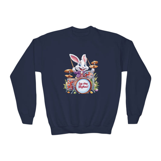Easter Bunny Drummer Kids Sweatshirt - Cute Spring Crewneck for Children, Fun Easter Gift Colorful Bunny Playing Drums Design