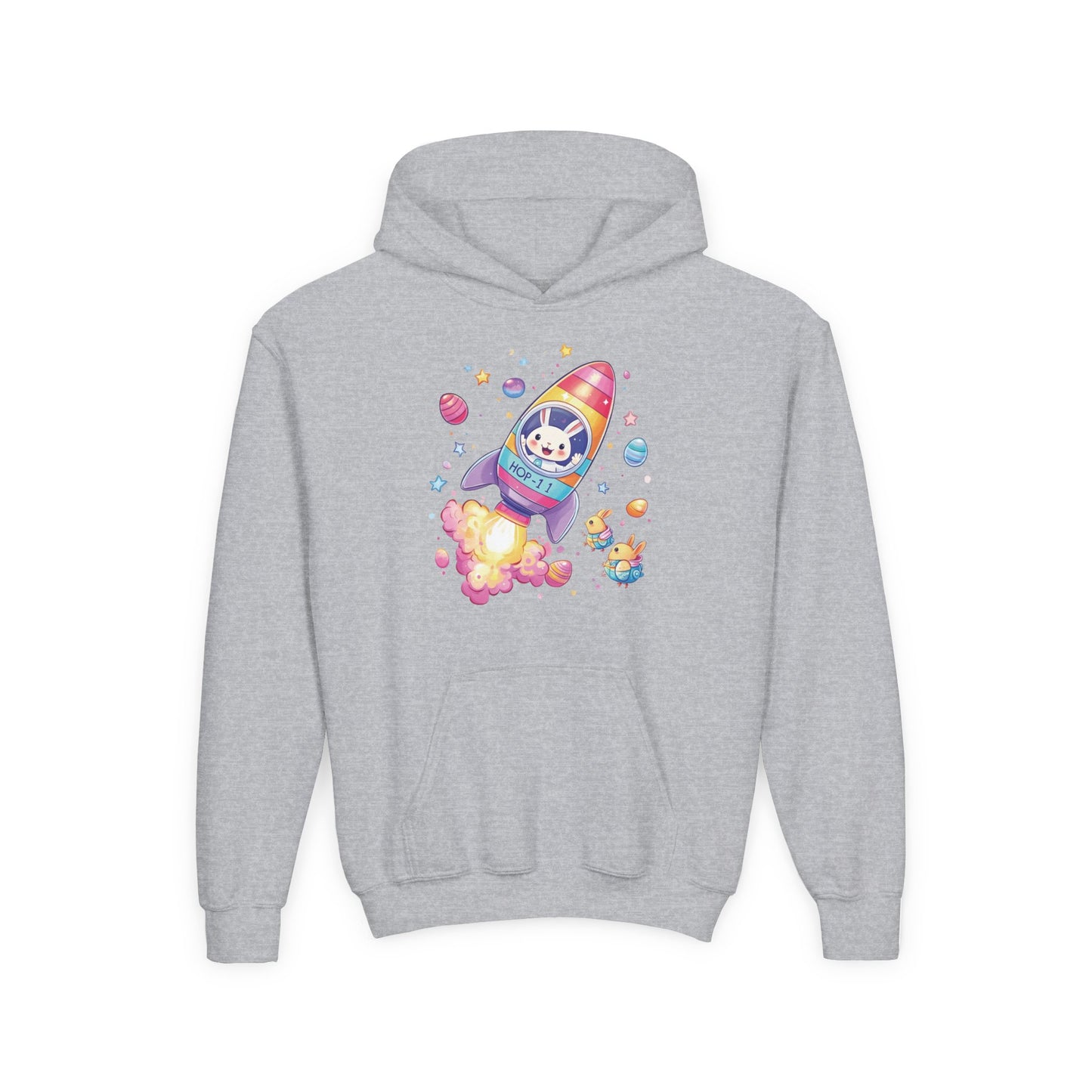 Easter Astronaut Bunny Kids Hoodie - Rocket Bunny Design with Colorful Eggs, Fun Space Adventure Sweatshirt for Spring and Holiday Gifts